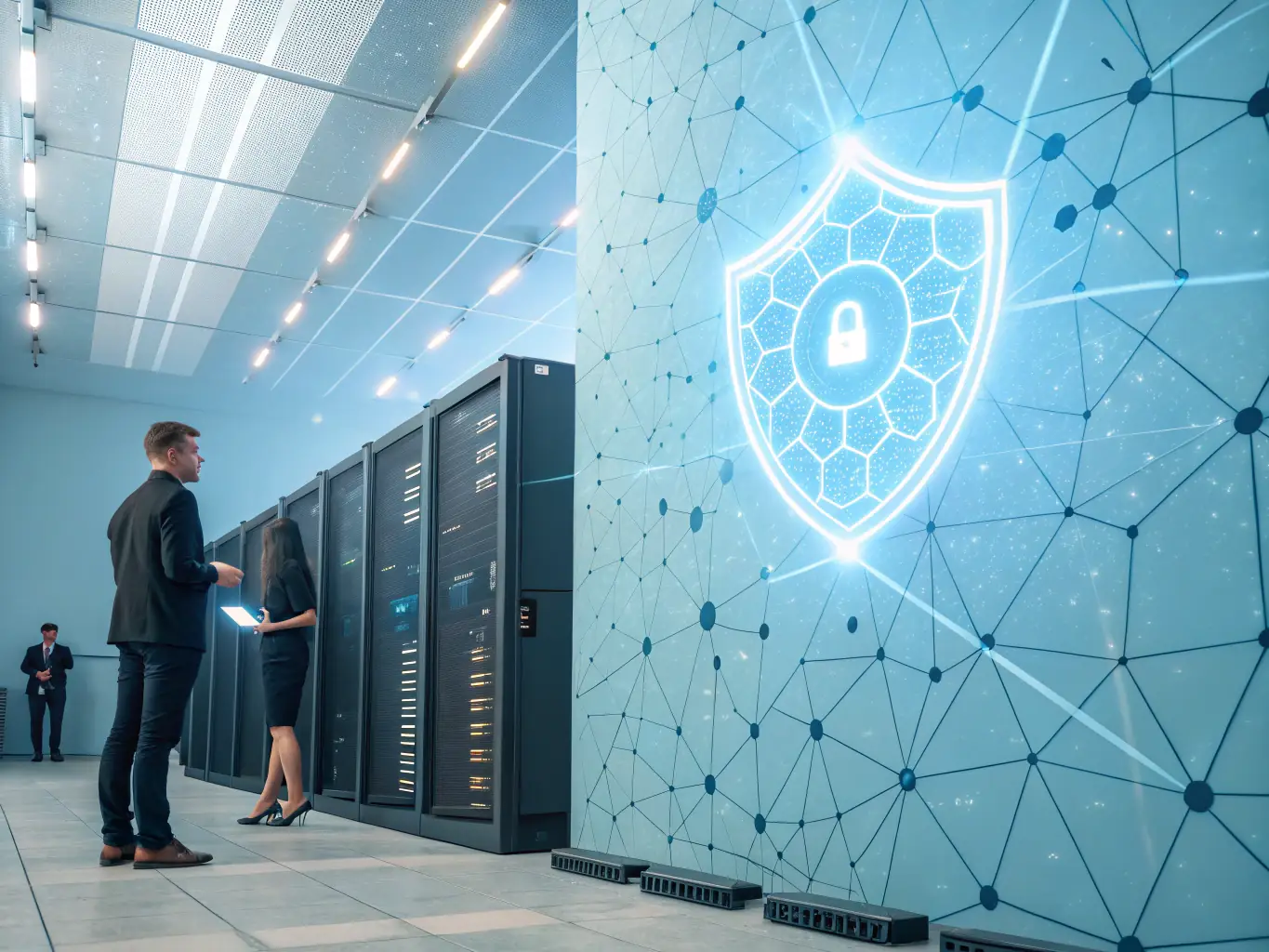 A digital illustration depicting a secure data network with multiple layers of protection, symbolizing C24's robust security infrastructure.