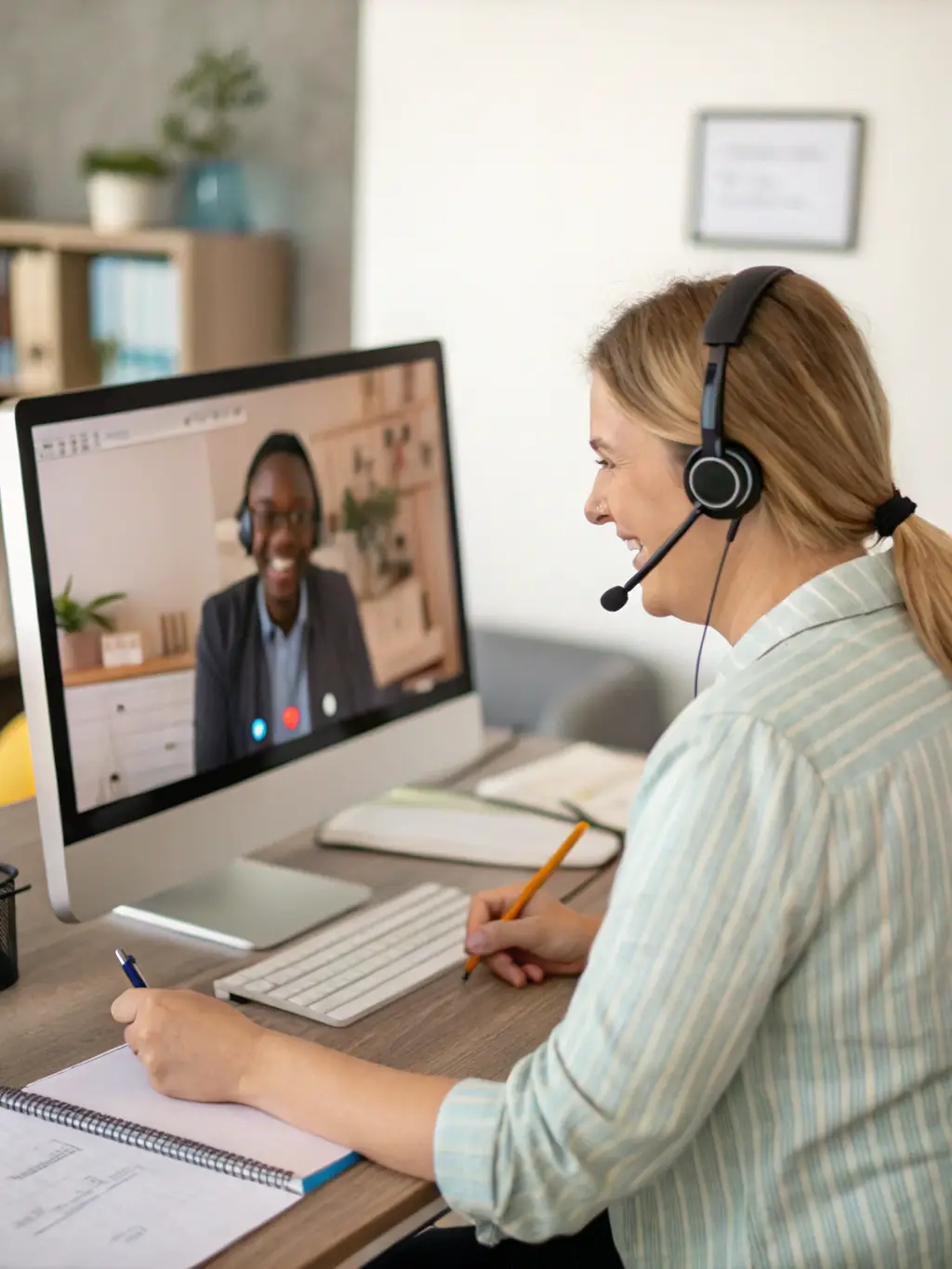 A friendly C24 customer support agent assisting a customer via video call, emphasizing the personalized support experience.