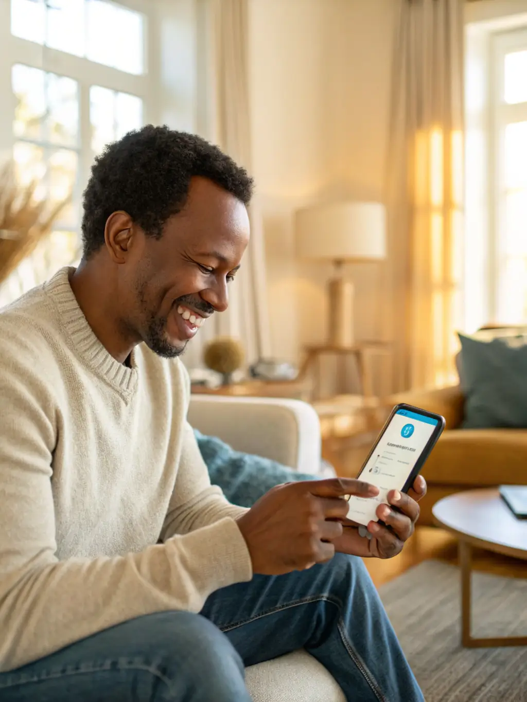 A person happily using the C24 mobile banking app on their smartphone, smiling as they manage their finances with ease.
